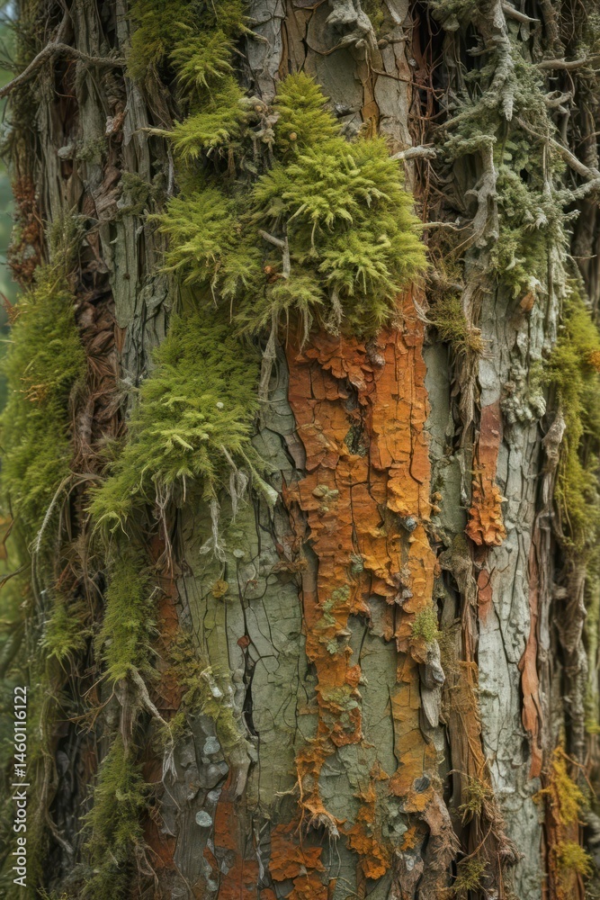 Obraz premium Ancient moss-covered tree trunk, weathered bark, lichen , time, brown, wild