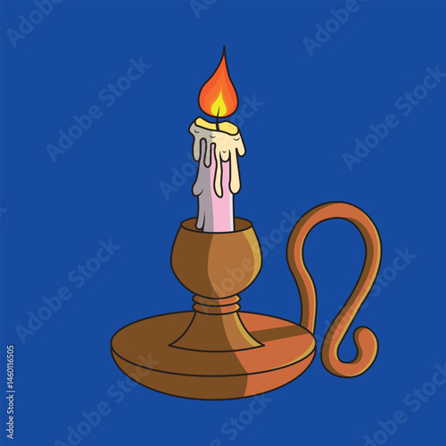 Vintage Candle Illustration with Brass Holder on Blue Background

