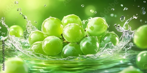 Minimalist creative illustration of green Shine Muscat grapes floating in mid-air, with splashes of water around them, representing freshness and purity.