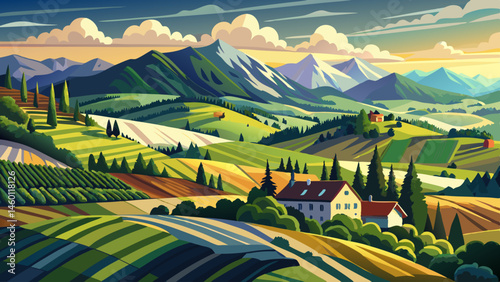 mountainous rural landscape in spring. alps ukraine. trees and agricultural fields on hills rolling in to the distant valley. ridge beneath a overcast sky in dappled light. countryside
