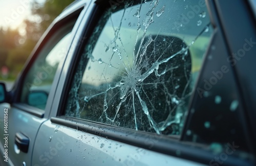 Damaged car window after crime incident. Shattered glass on vehicle. Vandalism damage on auto. Smash, impact resulted in theft. Crime scene, safety concerns, insurance claim.