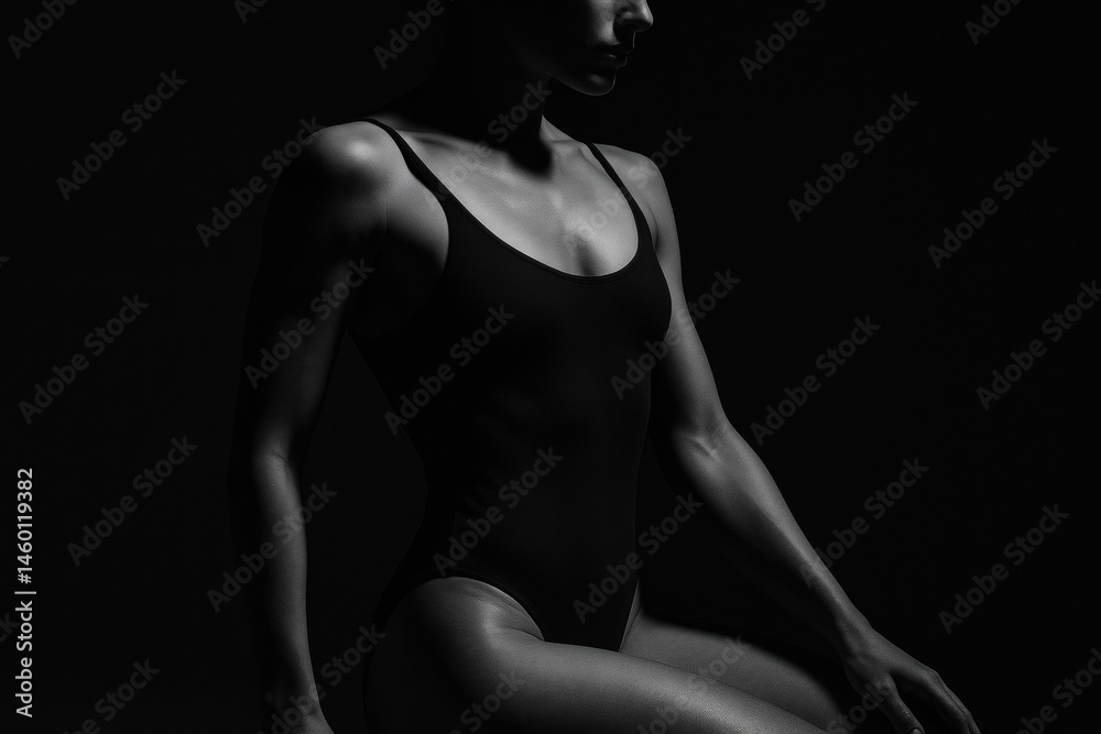 Fototapeta premium A striking silhouette of a athletic model in a swimsuit, showcasing strength and elegance against a dark background. Perfect for fitness, fashion, or beauty themes.