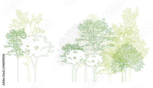 Architectural Drawings, Minimal style cad tree line drawing, Side view, set of section wildlife forest outline symbol for landscape design drawing. Vector illustration in stroke fill in white.