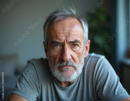 Serious, older man stares directly. Caucasian male portrait in close-up, gray hair, beard, focused eyes. Concept of online video call, webcam view, conflict or communication issues.