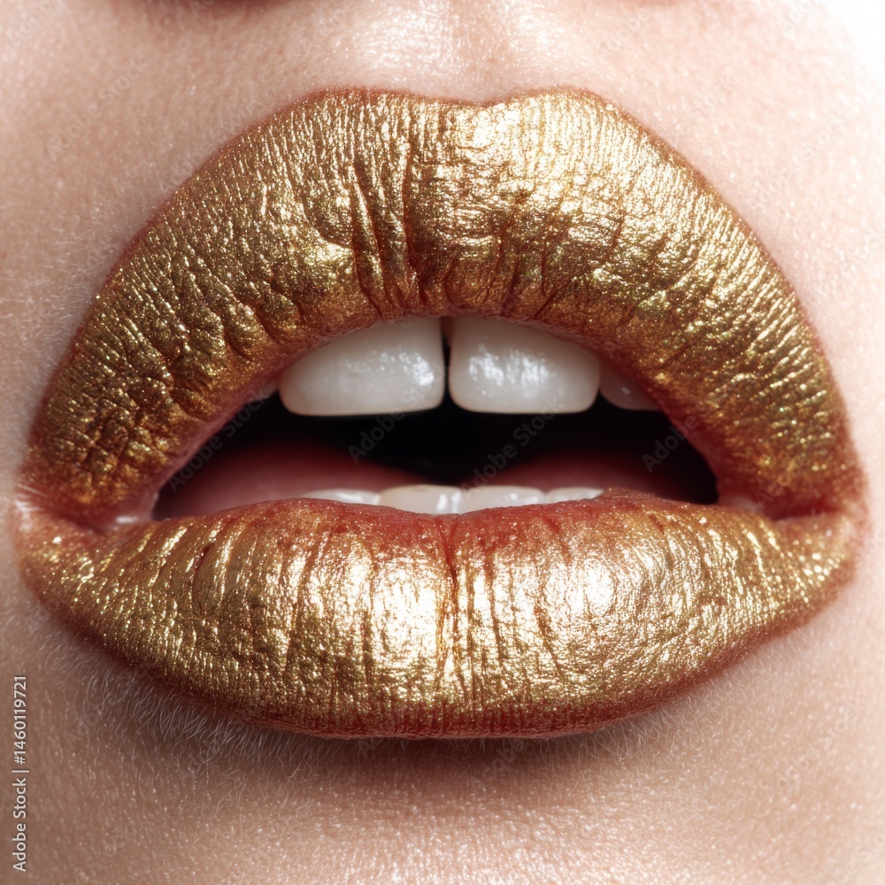 Fototapeta premium Close-up of female lips wearing metallic gold lipstick, radiating glamour and bold elegance.