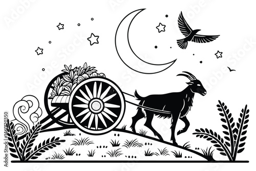 83 Silhouette illustration, crescent moon, stars, flying birds, goat pulling cart, ancient transport, night sky, black and white artwork, decorative design, folk art style, mystical atmosphere, detail