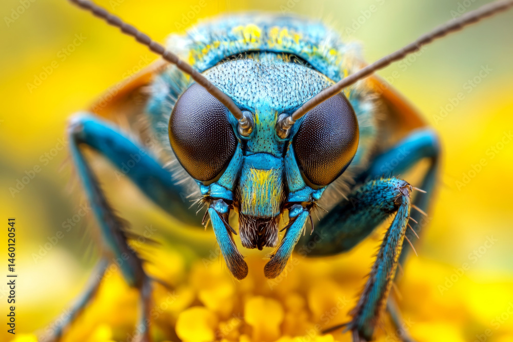 A close-up of a blue insect on a yellow flower, showcasing its detailed eyes and antennae. Concept of macro photography and nature study. For nature education.