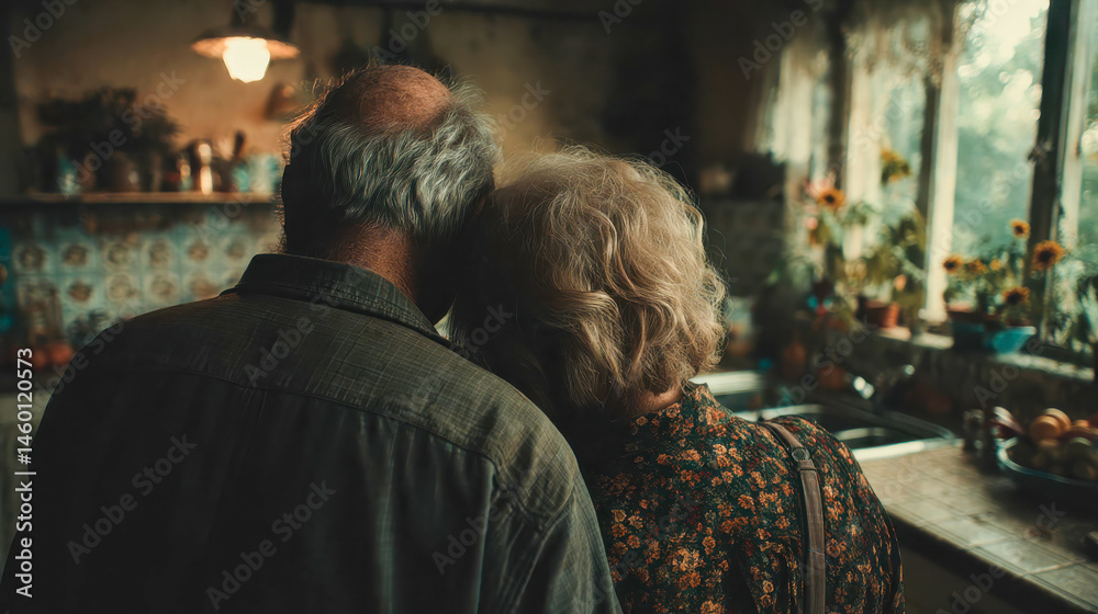 Elderly couple hugging in a rustic kitchen, radiating warmth, love, and the comfort of long-term companionship in a cozy home setting Elderly couple hugging in a rustic kitchen, radiating warmth, love, and the comfort of long-term companionship in a cozy home setting