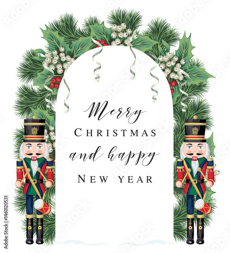 Nutcracker, Christmas tree, serpentine, mistletoe and arch composition. Merry Christmas, New Year greeting card.	