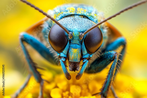 Obraz na płótnie A close-up of a blue insect on a yellow flower, showcasing its detailed eyes and antennae. Concept of macro photography and nature study. For nature education. w salonie