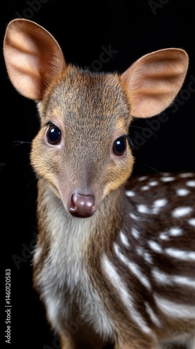 Close-up Portrait of a Young Chevrotain Mouse Deer Against Black Backdrop