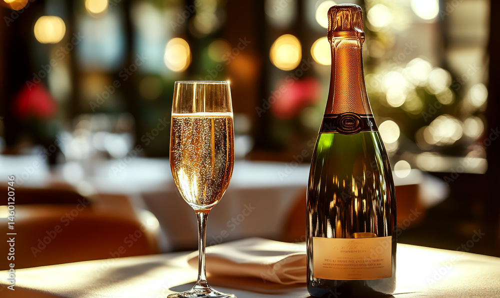 A bottle and glass of sparkling wine are on a table in a softly lit setting. Concept of celebration and luxury. For festive event promotion.