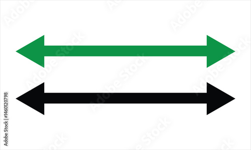 Double headed black and green long arrow icon set . Double ended green black long arrow icon. Replace icon. Dual sided arrow icon. Vector Formats.