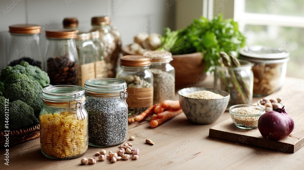 A tabletop filled with jars of es and grains alongside fresh produce illustrating the variety of ingredients used for healthy cooking and meal prep.