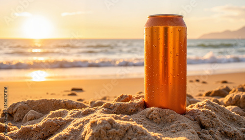 Sunset over beach with beer can on sand , mockup