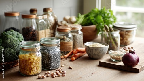 Obraz na płótnie A tabletop filled with jars of es and grains alongside fresh produce illustrating the variety of ingredients used for healthy cooking and meal prep. w salonie