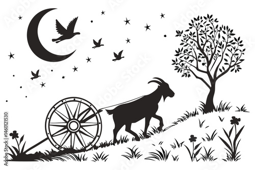 83 Silhouette illustration, crescent moon, stars, flying birds, goat pulling cart, ancient transport, night sky, black and white artwork, decorative design, folk art style, mystical atmosphere, detail