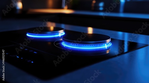 Sleek Modern Glass Induction Cooktop with Glowing Blue Elements in Dark Kitchen Setting