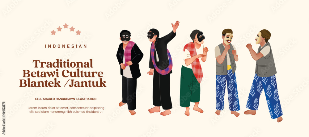 Obraz premium Traditional theaterical performing art blantek jantuk, Indonesia bewati culture illustration