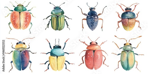 Vibrant Watercolor Beetles Collection: Eight Colorful Insect Illustrations