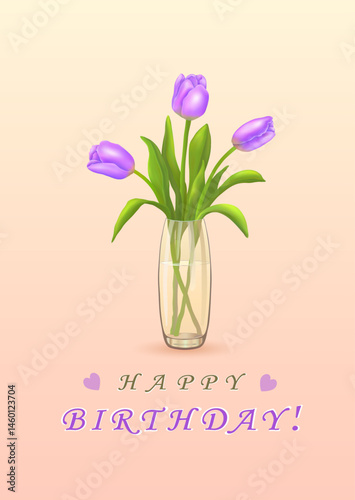 Three purple tulips in a vase and an inscription with congratulations in English HAPPY BIRTHDAY! on a vertical pink background. Greeting cards. Minimalism and realism. Vector illustration.