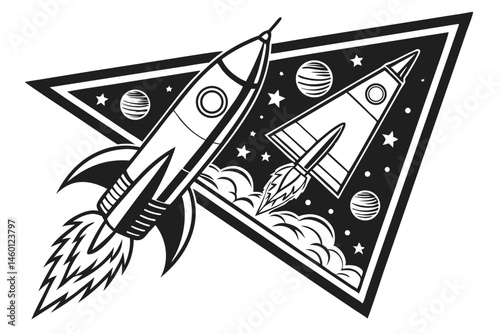 85 Rocket launch silhouette, retro space illustration, black and white graphic design, minimalist rocket icons, vintage sci-fi art, stylized spacecraft, streamlined rocket shapes, contrasting flame pa