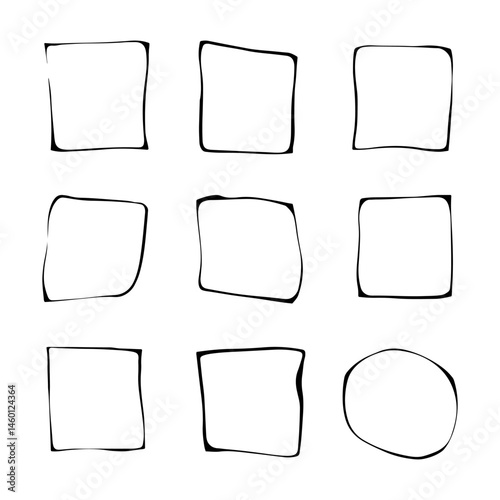 Minimal Hand-Drawn Squares. Set of simple hand-drawn square shapes in black outline. Ideal for minimalist design accents, abstract layouts, and background elements.