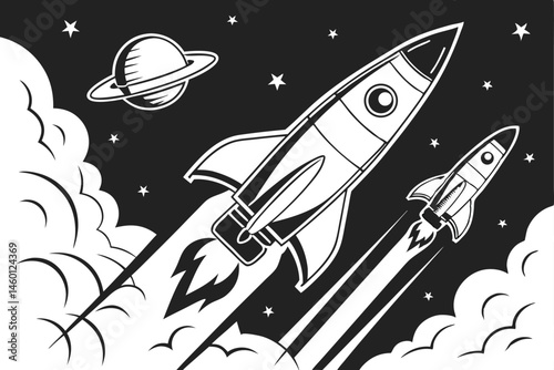 85 Rocket launch silhouette, retro space illustration, black and white graphic design, minimalist rocket icons, vintage sci-fi art, stylized spacecraft, streamlined rocket shapes, contrasting flame pa