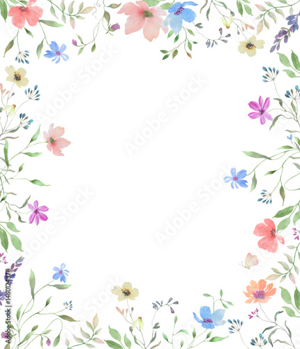 Watercolor floral frame with cute wildflowers. Hand drawn illustration. For greeting cards, invitations. Vector EPS.
