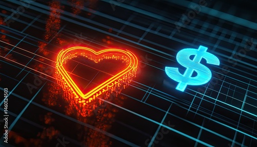 A glowing heart and dollar sign on a digital grid