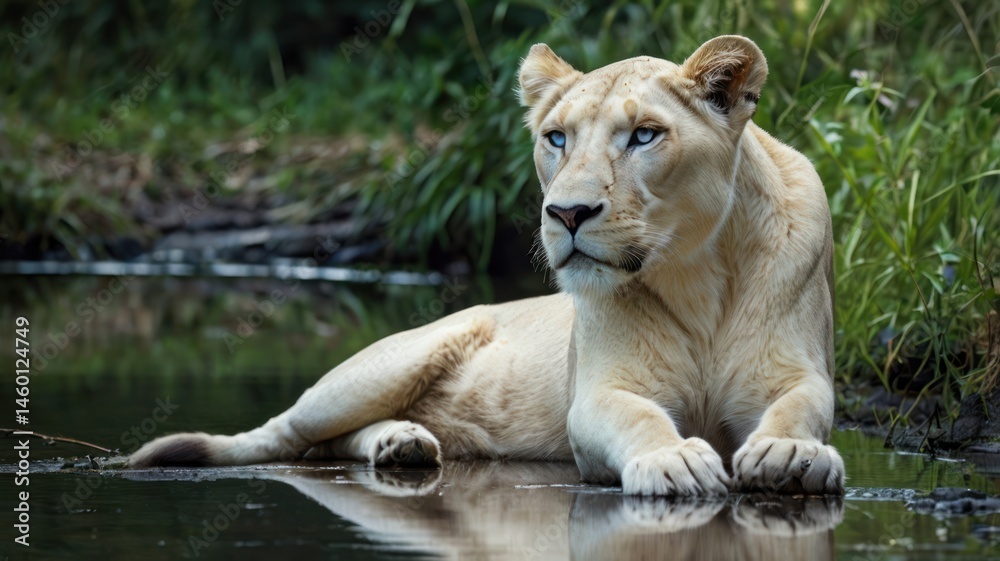Majestic white lioness by tranquil water Majestic white lioness by tranquil water