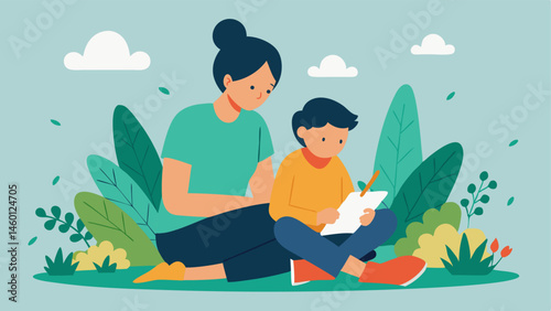 Nature Journal A parent and child sitting together on a log sketching or writing in a nature journal filled with drawings of plants and animals.