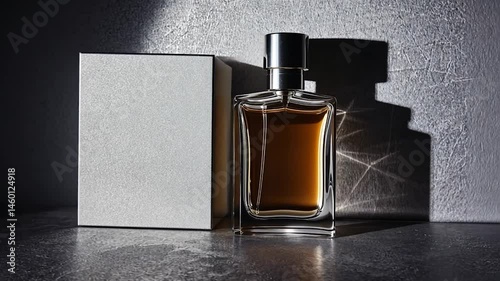 Elegant perfume bottle and box on a textured surface