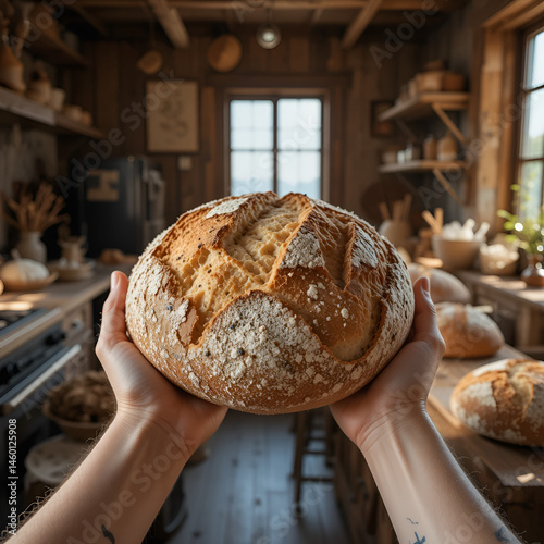 Hands offering freshly baked artisan bread in a rustic kitchen, with warm sunlight enhancing the coziness and homespun charm.