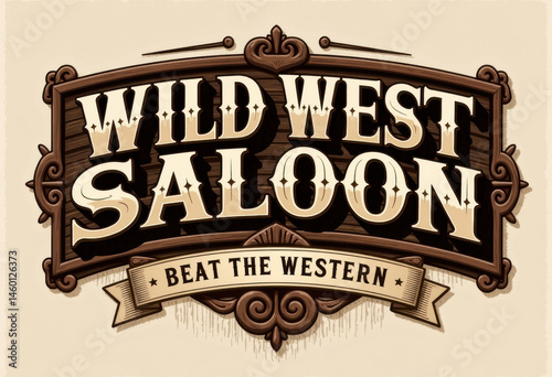 Vintage Wild West saloon sign with decorative elements and bold typography