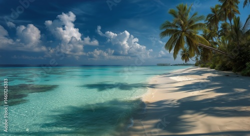 Tropical Beach With Palm Trees and Clear Blue Water Under a Partly Cloudy Sky
