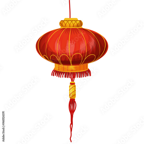 Realistic red lantern yellow silk tassel on white background. Happy Chinese New Year China spring festival decorative element design, 3d hanging circular & cylindrical shape fortune lamp illustration