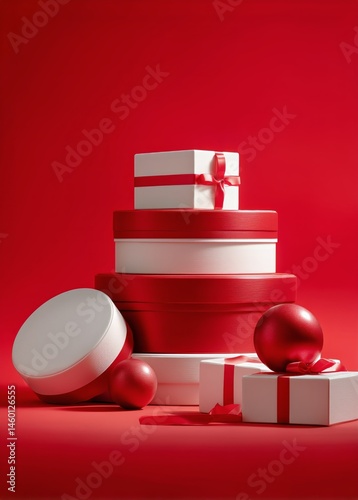 Festive Red and White Gift Boxes With Ornaments for Holiday Celebrations