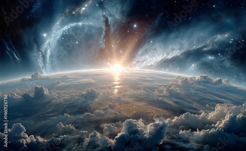 Stunning View of Earth From Space With Sunrise Illuminating the Clouds