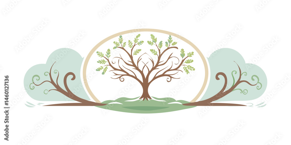 Obraz premium Stylized tree with swirled branches in oval green frame