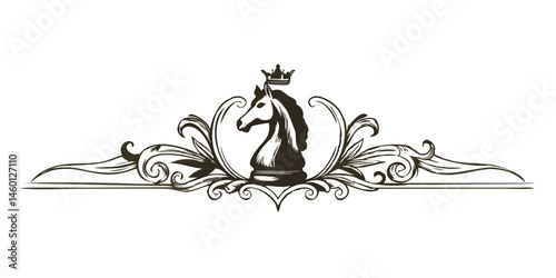 Crowned horse crest with vintage decorative scrolls