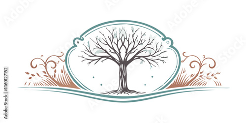 Bare tree silhouette with ornamental frame in brown and teal