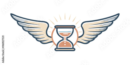 Winged hourglass symbol in vintage outline style