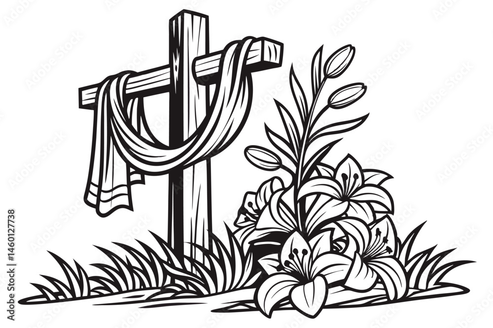 87 Religious cross, draped cloth, Easter lilies, floral arrangement, black and white illustration, woodcut style, Christian symbolism, resurrection theme, spiritual imagery, detailed linework, sacred 