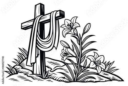 87 Religious cross, draped cloth, Easter lilies, floral arrangement, black and white illustration, woodcut style, Christian symbolism, resurrection theme, spiritual imagery, detailed linework, sacred 