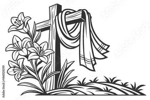 87 Religious cross, draped cloth, Easter lilies, floral arrangement, black and white illustration, woodcut style, Christian symbolism, resurrection theme, spiritual imagery, detailed linework, sacred 