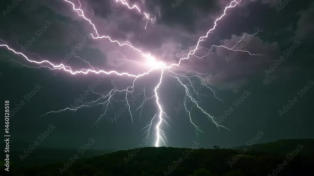 Dramatic Green Lightning Strike over Dark Landscape at Night