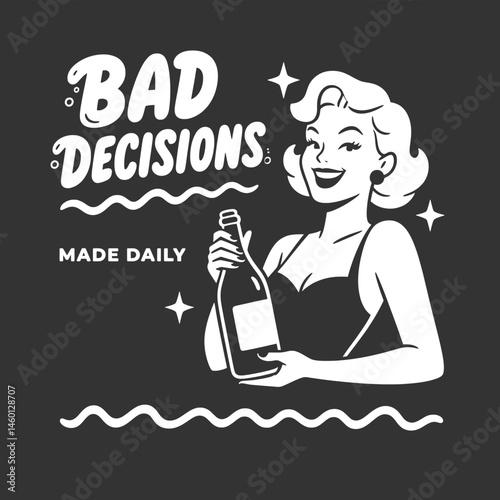 A black and white vector with a beautiful woman holding a bottle as the main object