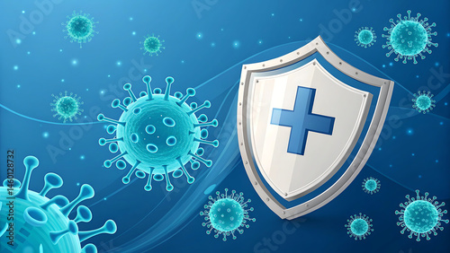 Health protection banner with shield, cross and bacteria cells flying on blue background. Anti virus and bacterial or germ defence, immune system protect medical poster, Realistic vector illustration
