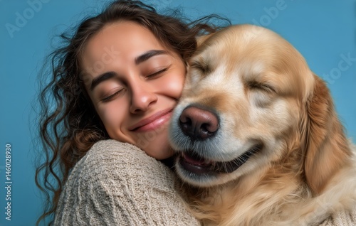 Golden Retriever and Woman Share Joyful Moment in Cozy Setting With Blue Back...